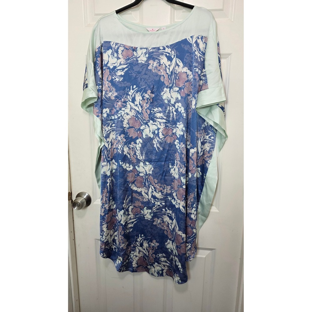 Breezies Caftan Intimately Womens M/L Blue Floral Print Loungewear Kaftan Dress